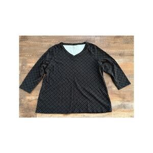 Kim Rogers Geometric Print V-Neck top Black/Tan 3/4 sleeve 2XL 100% Cotton